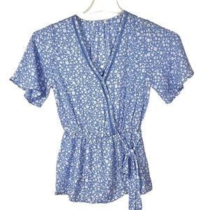 Blue White Floral Peplum Blouse Short Sleeve‎ Coastal Summer Top XS